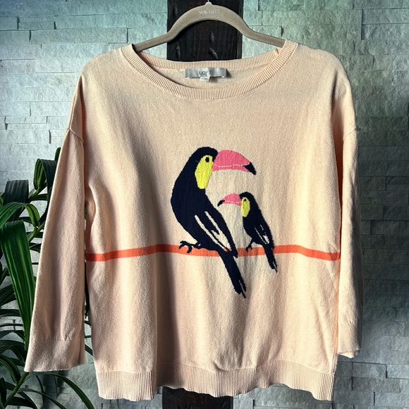 LOFT Soft Peach Orange Toucan Print Cotton Sweater Size Small - Picture 1 of 6